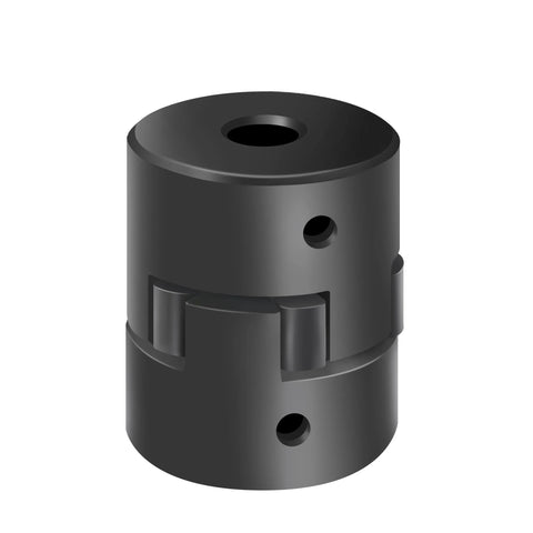 L-jaw coupling hub, three-piece dark metal with side holes, front view
