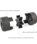 Flexible 3 piece L075 L-Jaw coupling set with Buna NBR spider, HT250 steel, showing components and durability features.