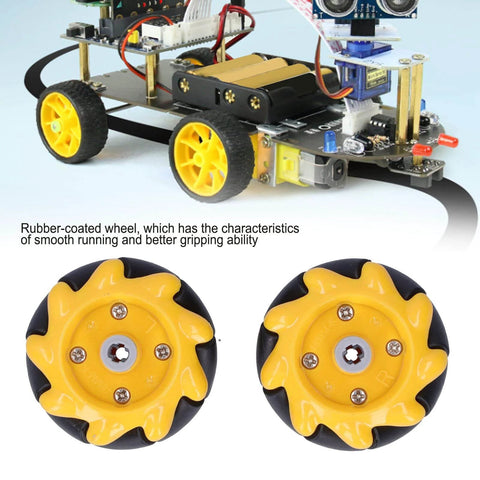 FLEXMAN Mecanum Wheel, 48mm Omni Directional on DIY robot car showcasing a yellow rubber-coated wheel with smooth grip ability