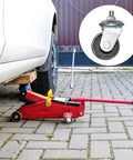 2 Pcs 3 Ton Floor Jack Replacement Caster Wheels Set With Double Pump Swivel Casters in use lifting a car
