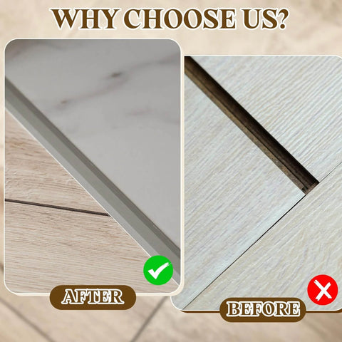 Before and after of floor gap joined using T-Molding Transition Strips, 9.84 ft x 1.97" (L x W) PVC Floor Flat Divider Strip Self Adhesive
