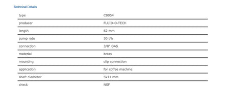Technical details for Fluid-O-Tech CB054 Rotary Vane Pump New, including length, pump rate, connection type, material, and application.
