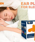 Woman sleeping with Soft Foam Sleep Ear Plugs 100 Pairs With 32dB NRR And 37dB SNR for snoring reduction next to packaging.