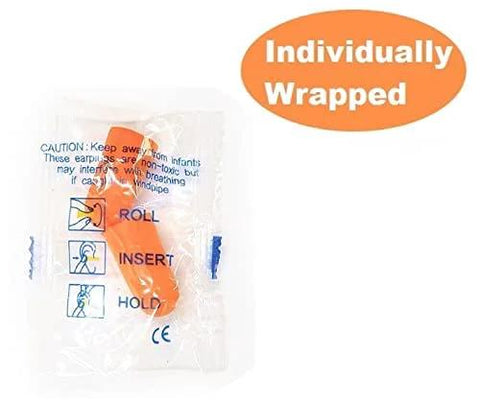 Individually wrapped foam earplug in packaging, labeled with instructions, part of Foam Earplugs 200 Pair Pack For Noise Reduction 32 dB NRR