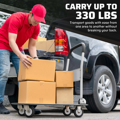 Person loading boxes onto Heavy Duty Foldable Push Cart Dolly | 330 lbs. Capacity | Upgraded Collapsible Hand Truck