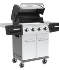 Stainless steel four-burner outdoor gas grill with open lid and side shelves on caster wheels