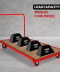 5 Inch Polyurethane Caster Wheels Set of 4 on a cart with weights, showcasing 4000 lbs total load capacity.