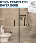 Four Pcs M 6054 Frameless Shower Door Rollers with Adjustable Top Bracket installed on frameless shower door with glass panels.