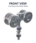 Front view of Two Pack Track Roller Wheels Set For Beam Trolley System With Box Rail Strut Channel For Heavy Barn Or Shed Sliding Doors Includes Two Trolleys With Four Steel Ball Bearing Rollers Solid Steel Construction 440 Pound Load Rating Removable Bolt