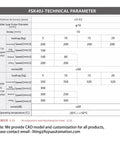 Technical specifications chart for FSK40J Motorized Ball Screw Linear Guide Module, including load, speed, and noise levels for stepper motors.
