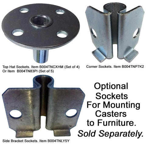 Top hat, corner, and side bracket sockets for mounting casters, featuring metal construction and individual item numbers.