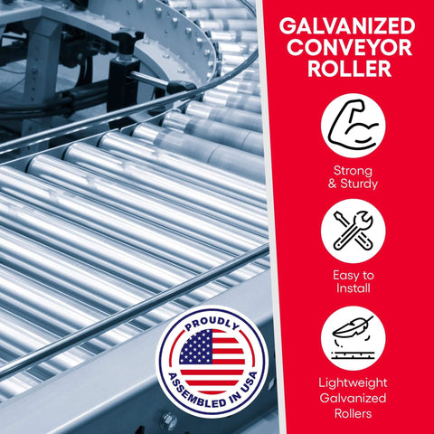 Galvanized conveyor rollers assembled in USA with strong, sturdy design, easy installation, conveying tools in garages and trailers.