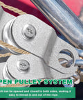 Close-up of galvanized zinc single snatch cable pulley block with rope threaded, open pulley system visible, for wire rope