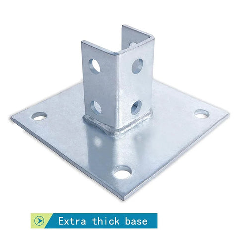 Two Pack Post Base Square Mount With Four Holes For One And Five Eighths Inch Single Strut Channel Galvanized Steel Heavy Duty Channel Support For Secure Installations showing square base with four holes and additional bracket.