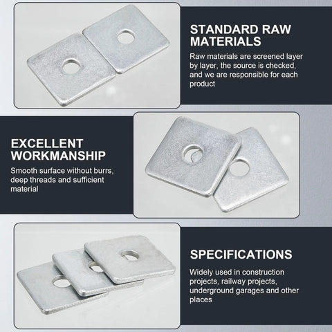 Diagram of keep fastenings secure with this 70 pack galvanized steel square washers set, detailed views and specifications
