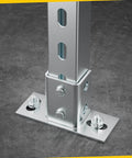 Four-pack U post base brackets for 1-5/8 inch strut channel provide secure floor ground mounting with galvanized carbon steel construction and a 220 lb load rating per base, ideal for durable outdoor or industrial setups.