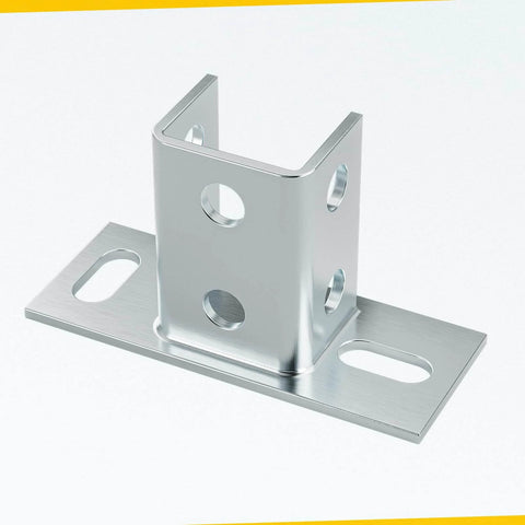 Four-pack U post base brackets for 1-5/8 inch strut channel provide secure floor ground mounting with galvanized carbon steel construction and a 220 lb load rating per base, ideal for durable outdoor or industrial setups. Close-up view of a single galvanized post base with mounting holes, showing sturdy construction and a metallic finish.