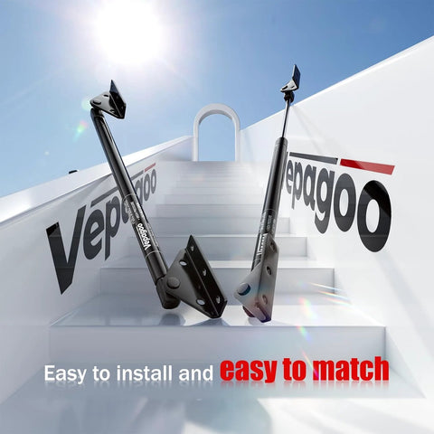 10mm Ball Stud Gas Spring Mounting Bracket Kit displayed with two gas struts on white steps.