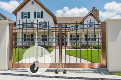 4 Inch Spring Gate Caster For Wooden Doors And Fences Heavy Duty Wheel With Thickened Brackets Black Hard Rubber installed on gate