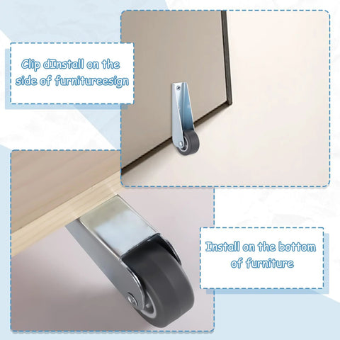 1 Piece 1.6 Inch Gate Caster Wheel Replacement in stainless steel housing, side and bottom installation view on furniture