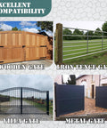 Image showing 8 Inch Gate Wheel For Metal Tube And Wooden Gates, 15.4 Inch Height, Spring Loaded Heavy Duty Rubber Caster, 700 Lb Capacity installed on various gate types including wooden, iron, villa, and metal gates to demonstrate compatibility.