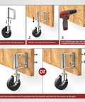 Installation steps of gate wheels with side brake and zinc plated brackets for farm yard gates and barn doors.
