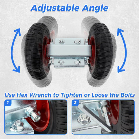 Heavy Duty Gate Wheel Set With Rubber Carriers And Adjustable Double U Bolts For Driveway Fences, 600Lb Capacity, showing adjustable angle and hex wrench use.