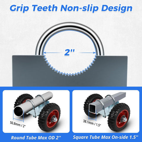 Heavy Duty Gate Wheel Set With Rubber Carriers And Adjustable Double U Bolts For Driveway Fences, shows metal tubes and wheels.
