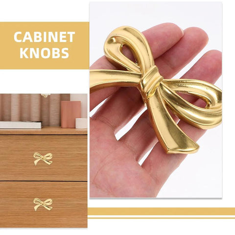 Gold Bow Knobs For Dresser Set Of 4 Brass Drawer Knobs Decorative Vintage Gold Handles shown on wooden drawers