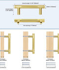 Diagram of Diamond Knurled Gold Cabinet Pulls Set For Kitchen 5 Inch Hole Center Aluminum Alloy Handles with dimensions and installation details