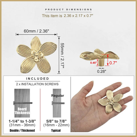 Dimensions of Six Pack 2.4 Inch Gold Flower Cabinet Knobs Set for Dresser and Drawer Furniture Hardware Vintage Floral Petal Pulls