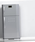Modern double-door refrigerator in a sleek silver design, photographed in a kitchen setting on a tiled floor.