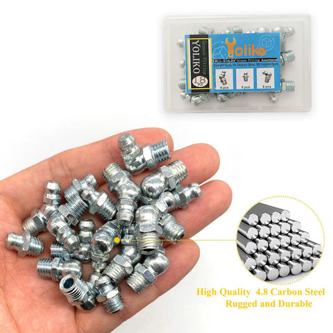 Heavy Duty Grease Fitting Assortment Kit With Eighteen Five Sixteenths By Twenty Four UNF Zerk Fittings in hand, Yoliko package in view