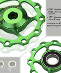 Pulley Bicycle Aluminum Guide Wheel Rear Derailleur Metal Bearing Guide Piece Mountain Road Bike Accessories Pulley Bearing, close-up of green CNC aluminum design with bearing
