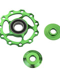 Green aluminum Pulley Bicycle Aluminum Guide Wheel Rear Derailleur Metal Bearing Guide Piece with stainless steel components.