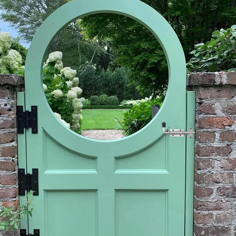 Green garden gate featuring a 12 Pack 5 Inch Silver Spring Loaded Latch Pins For Doors And Cabinets 304 Stainless Steel Door Latch Pins