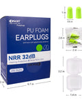 200 Pairs Foam Earplugs For Noise Reduction 32dB Disposable Ear Plugs Hearing Protection Bulk Pack For Shooting Range Work Travel And Concert Green Color Each Pair Individually Wrapped For Cleanliness with packaging dimensions and earplugs visible