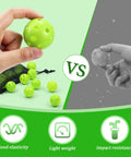 Hand holding green plastic golf ball next to 50 Pack Plastic Golf Balls Practice Limited Flight Golf Training Ball Hollow Swing Practice Indoor Balls with Mesh Drawstring Bag