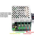 Front view of a 7-70V PWM DC Motor Speed Controller 30A with low heat aluminum housing, labeled connections, and control knob.