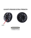 Close-up of gussets on black caster wheels with a 1/4 inch hardened steel axle, highlighting extra strength feature.