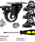 2" Caster Wheels Set of 4, Heavy Duty with Brake - Locking Polyurethane (PU) No Noise Swivel Plate Casters, Pack of 4.