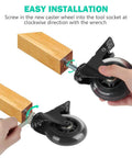 Installing a Threaded Stem Casters Three Eighths Inch 16UNC With Brake onto a wooden block, showing easy attachment.
