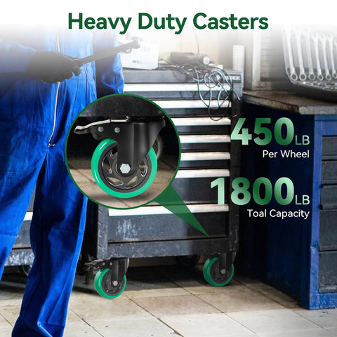 4 Inch Swivel Plate Caster Wheels Set of 4 Heavy Duty 1800 Lbs Total Capacity with Brakes installed on a toolbox with green finish