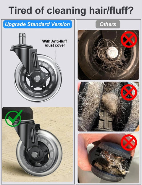 Office Chair Wheels Replacement 3 Inch Heavy Duty Rubber Caster Wheels For Hardwood Floors And Carpet, comparison with dusty wheels.