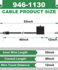 Heavy Duty Control Cable 946-1130 dimensions for riding lawn mowers, showing inner wire length 53 inch, conduit 40 inch, wire travel 12 inch