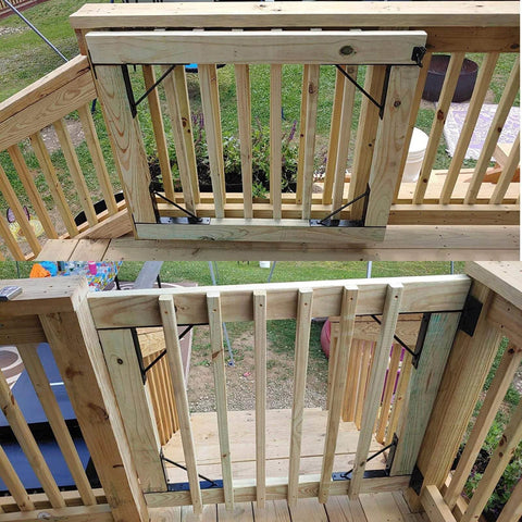 Heavy Duty Adjustable Gate Corner Brace Bracket Anti Sag Gate Kit installed on wooden fence showing solid iron support.