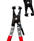 Front view of Professional Heavy Duty Hose Clamp Pliers Repair Tool With Swivel Head, high carbon steel, red rubber handles.
