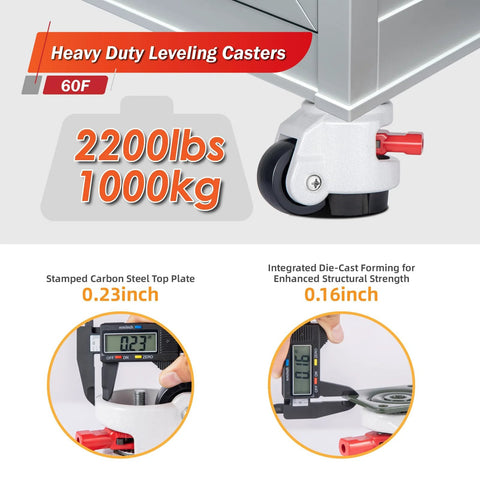 Heavy Duty Leveling Casters With 360 Degree Swivel And Upgraded Handle, showing carbon steel top and die-cast forming details