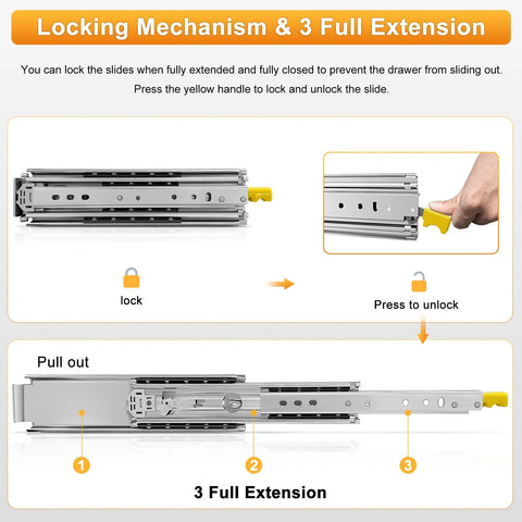 Diagram of heavy duty drawer slides with lock full extension ball bearing rails, showing locking mechanism and full extension details.