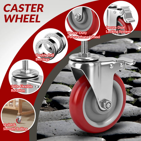 Five Inch Locking Swivel Caster Wheels Set Of Four With One Half Inch By Thirteen Threaded Stem And One And One Half Inch Length Heavy Duty Industrial Castors For Cart Furniture And Workbench Quiet Polyurethane Wheels With Brake Locks And Floor Protection showcasing design and features over cobblestone background.